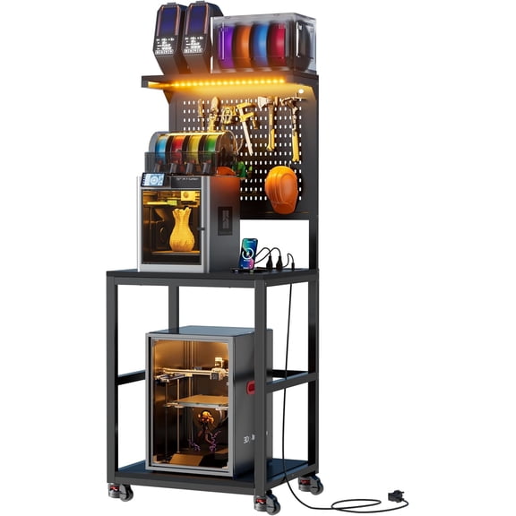 PAKASEPT 23.6"W 3D Printer Stand with Filament Storage, Large 3D Printer Table with LED Lights and Charging Station, Printer Shelf with Spools Holder Racks, for Workshop/Office/Garage,Black