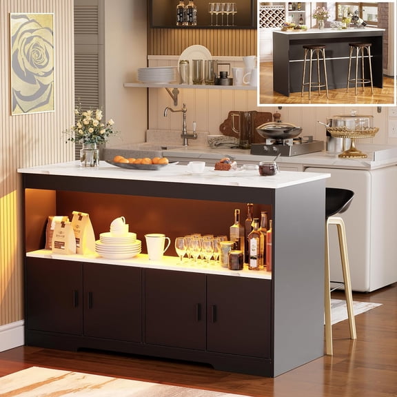 PAKASEPT 43'' Modern Kitchen Island with Storage,Imitation Marble Island Table with LED Lights & Cabinet for Kitchen, Dining Table for Dining Room,Living Room,Home Bar