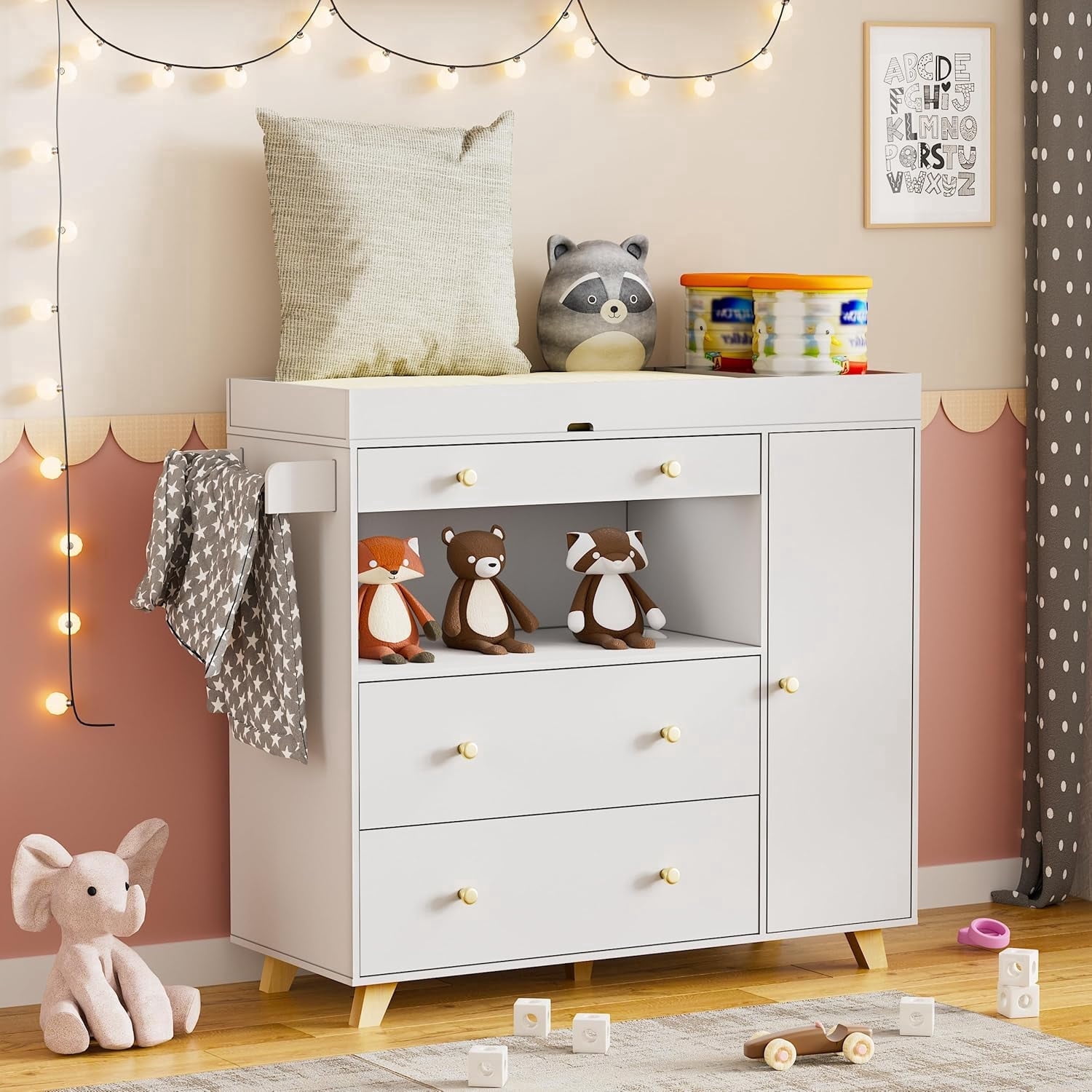 PAKASEPT 43" Changing Table Dresser, Baby Classic Nursery Dresser with 3 Drawers and 1 Cabinet, Multi-Functional Baby Changing Table