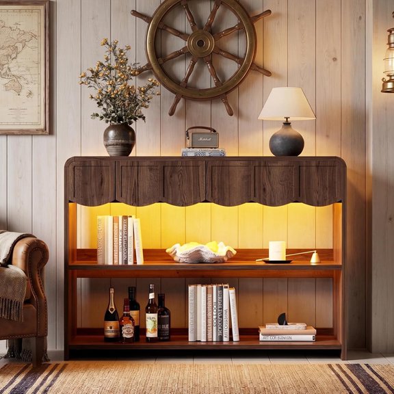 PAKASEPT 43" Console Table with RGB LED Lights, Mid-Century Modern Entryway Accent Table with 3 Drawers & Shelves, Behind Couch Table for Living Room, Walnut