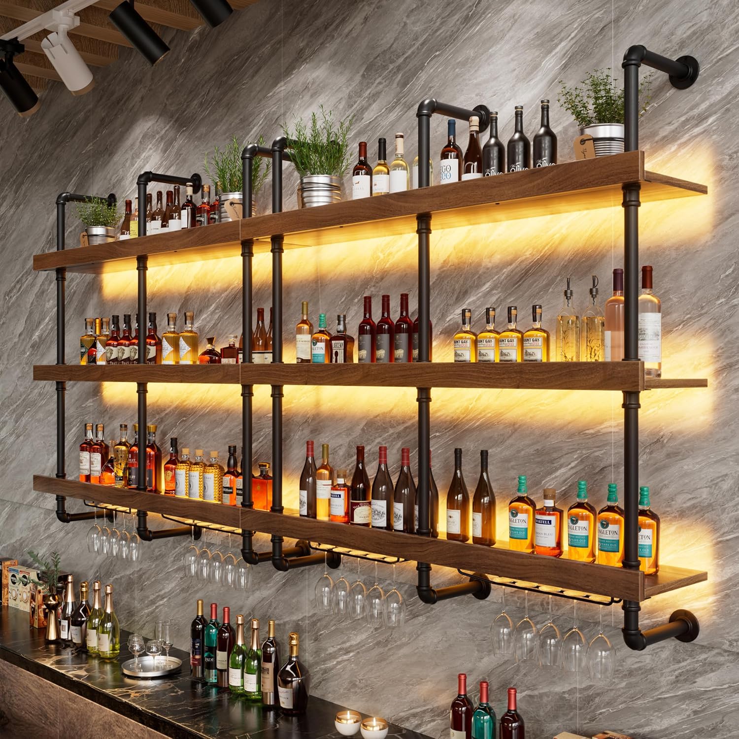 Wine Rack With Led PAKASEPT 47.2” Wall Mounted Wine Rack with LED Light, Solid Wood Wall ...