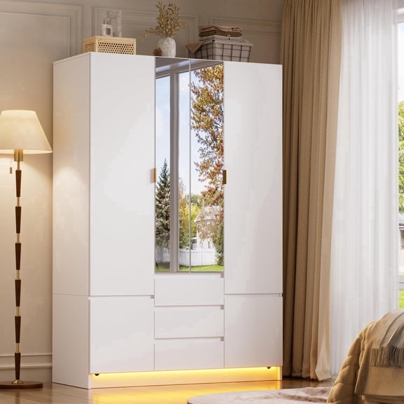PAKASEPT 47" W Armoire Wardrobe Closet with 4 Door & 2 Mirror, with LED Light & 3 Drawers, Storage Cabinet with Hanging Rod for Bedroom,White