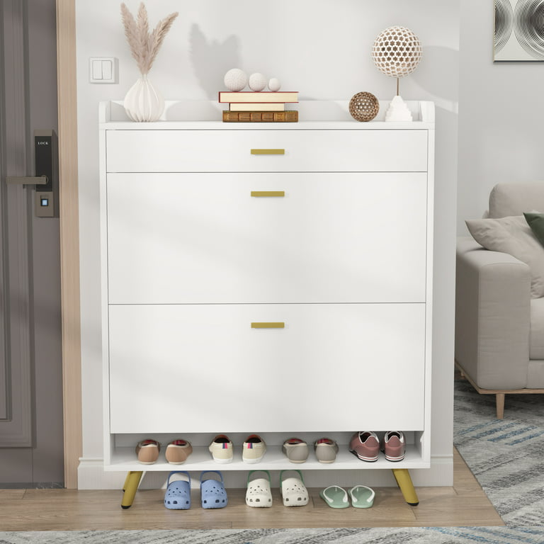 White Tall Shoe Cabinet with 5 Shelves for 10 Pairs Shoes Narrow Entryway  Shoe Storage-Wehomz
