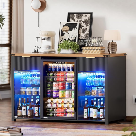 PAKASEPT 53.1" W Large Coffee Bar LED Cabinet with Fridge Space, Mini Fridge Cabinet with Wine Storage, Buffet Sideboard Table, Fluted Modern Design