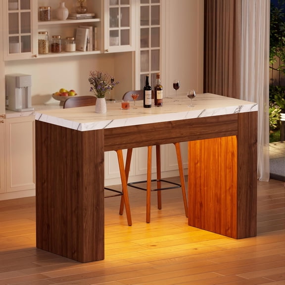 PAKASEPT 55" LED Bar Table with Faux Marble Top, Smart RGB Counter Height Pub Table for Kitchen and Dining Room, Walnut