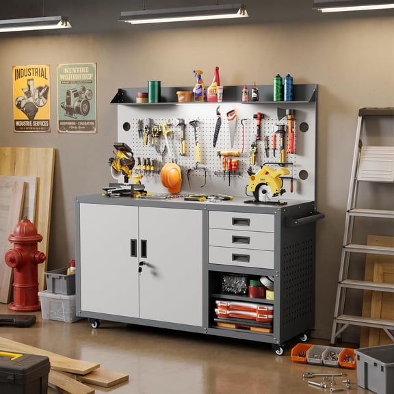PAKASEPT 55'' Metal Rolling Chest with Pegboard, Garage Storage Cabinet with LED Light & Power Outlet, Multipurpose Workstation with Cabinet,Drawers & Anti-Slip Work Mat, for Garage Workshop Repair