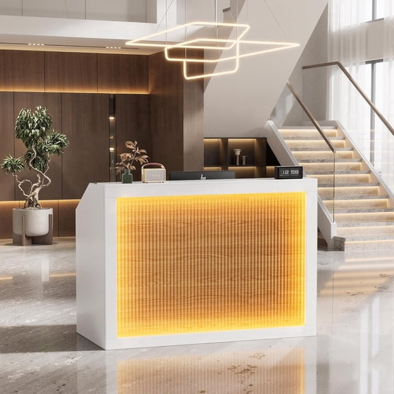 PAKASEPT 55" Reception Desk with Counter, Front Desk with LED Light, Storage Shelves, and Charging Station, Modern Retail Counter with Cable Grommet for Checkout, Barber, Beauty Salon, Home Office