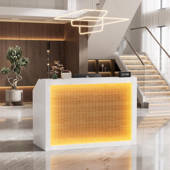 PAKASEPT 55" Reception Desk with Counter, Front Desk with LED Light, Storage Shelves, and Charging Station, Modern Retail Counter with Cable Grommet for Checkout, Barber, Beauty Salon, Home Office