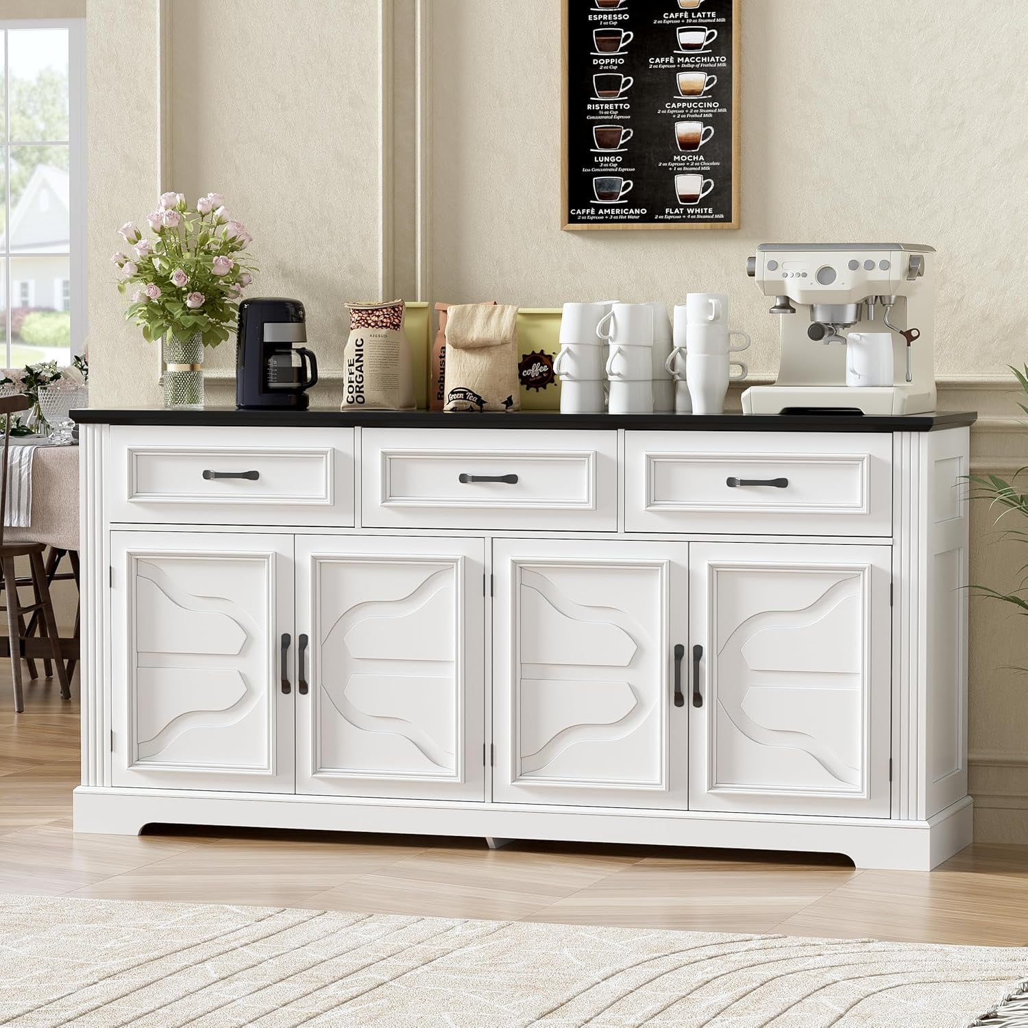 60 Inch Shaker Style Buffet Cabinet | 4 Doors & 3 Drawers | White MDF Storage For Dining Room, Kitchen, Living Room