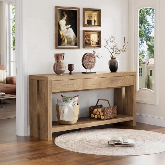 Paksept 63'' 2-Tier Farmhouse Wood Console Table with 3 Drawers, Entryway Table with Storage Shelf, Narrow Long Sofa Table for Living Room Hallway