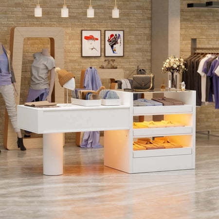 PAKASEPT 63" Reception Desk with Counter, LED Glass Display Front Desk Reception Room Table with Lockable Drawers, Retail Checkout Counter for Lobby,Salon,Home Office, White