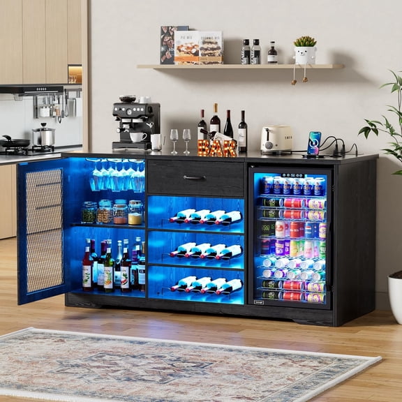 PAKASEPT 63" W Wine Bar Cabinet with Mini Fridge Space & LED Light & Charging Station, Liquor Coffee Cabinet with Drawer Storage, Buffet Sideboard Table