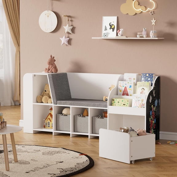 PAKASEPT 70.9 Reading Nook with Bench and Chalkboard, Wooden  Bookshelf and Toy Storage,Toy Organizer for Boys & Girls for Playroom