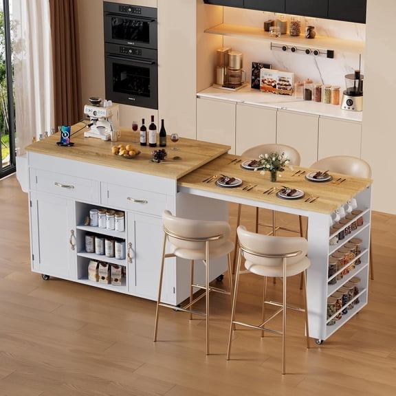 PAKASEPT 75" Kitchen Island with Extendable Dining Table, Rolling Kitchen Island with 3 Side Open Shelves, Drawers, 2 Cabinet, Power Outlet, Spice Rack & Towel Rack