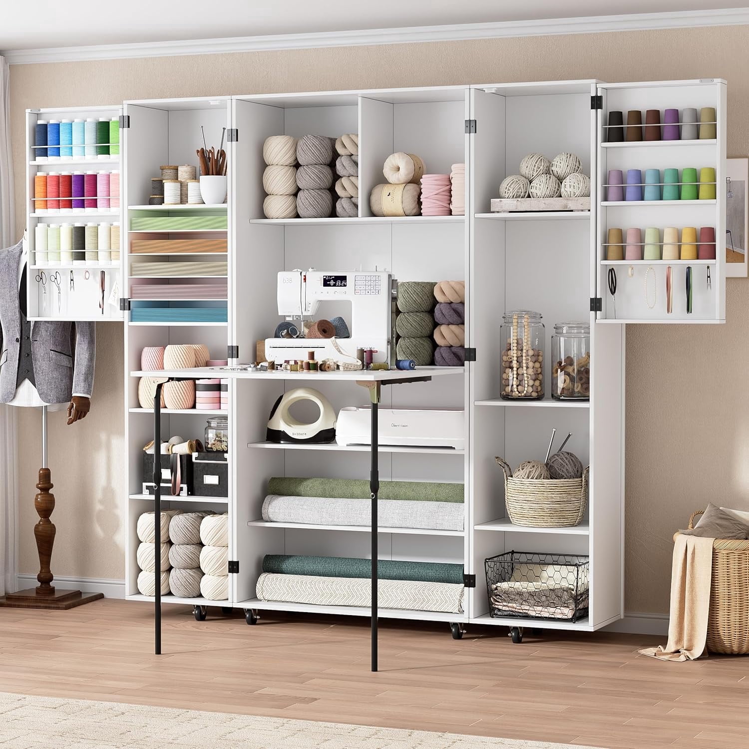 PAKASEPT 78.7"H Multipurpose Craft Storage Cabinet with Folding Sewing Table, Lockable Wheels, Magnetic Doors & Hidden Storage