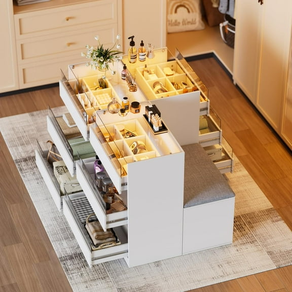 PAKASEPT Armoire Bedroom Island, Wardrobe Closet Island Dresser with Glass Showcase, Charging & 3 Color LED Light, Island Dresser with Bench, Walk in Wardrobe Furniture