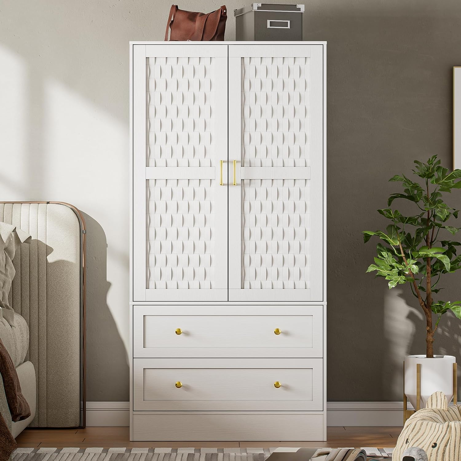 White MDF Freestanding Armoire Wardrobe Closet with Woven Doors