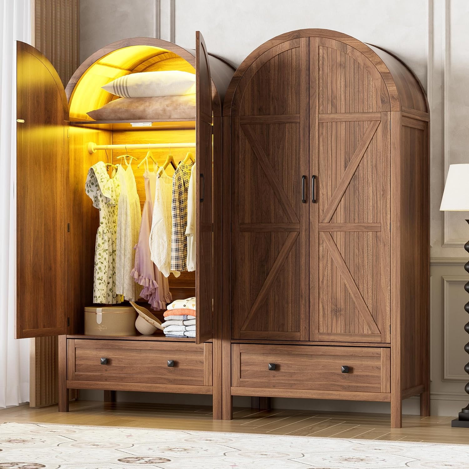 PAKASEPT Armoire Wardrobe Closet with Drawers and 2 Arched Fluted Doors