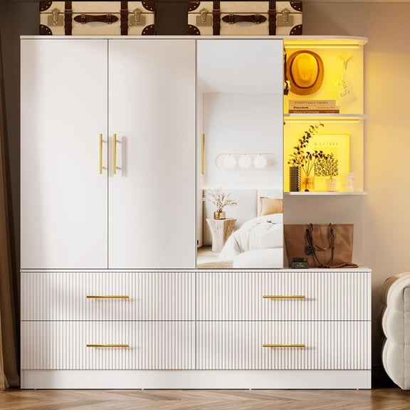 PAKASEPT 63" W Fluted Armoire Wardrobe Closet with 3 Door, 71" Freestanding Armoire Storage Cabinet with 4 Drawers, Mirror, LED Light, Hanging Rod, Side Hooks