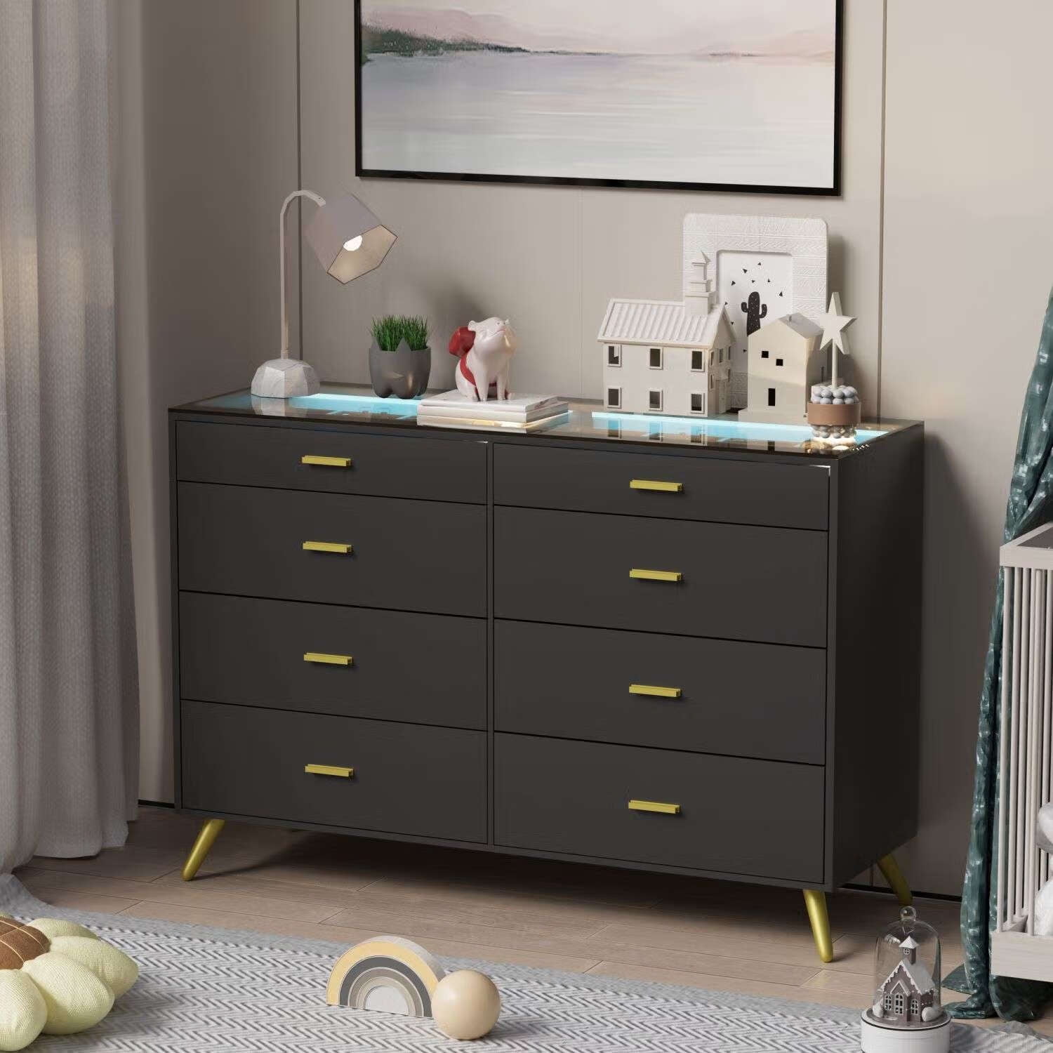 PAKASEPT Black Dresser for Bedroom,8 Drawer Dresser,Wide Chest of Drawers with LED Lights,Visual ...