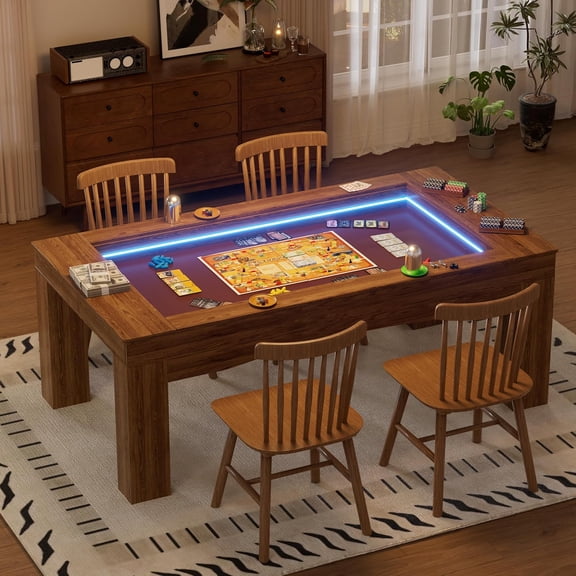 PAKASEPT Wood Board Game Table with LED Light, for 46 with Removable Top, 43.3" x 26" Gaming Surface, Game Mat, Convertible Gaming and Dining Table for D&D , Card Game and Puzzle