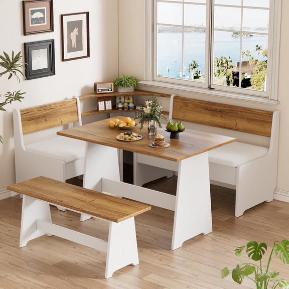 PAKASEPT Breakfast Nook Corner Dining Table Set with Cushion, L-Shape Kitchen Bench Chair Set with Hidden Storage, for 3-5 People