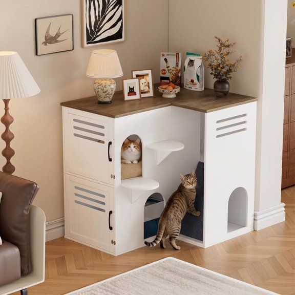 PAKASEPT Cat Litter Box Enclosure with Cat Perch Steps & Felt Scratching Ramp,Hidden Kitty Litter Cabinet with Large Top Tabletop, Cat House Washroom Cabinet