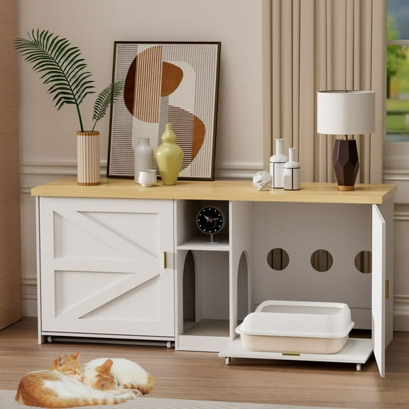 PAKASEPT Cat Litter Box Enclosure, Wooden Cat Litter Box Furniture Hidden, Dual Cat Washroom with Cat Scratching Pad and Pull-out Panel, Hidden Litter Box Cabinet, White