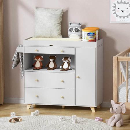 PAKASEPT Changing Table Modern Storage Dresser Chest with Wide Table Top, 3 Drawers & Storage Cabinet, White Drawer Dresser