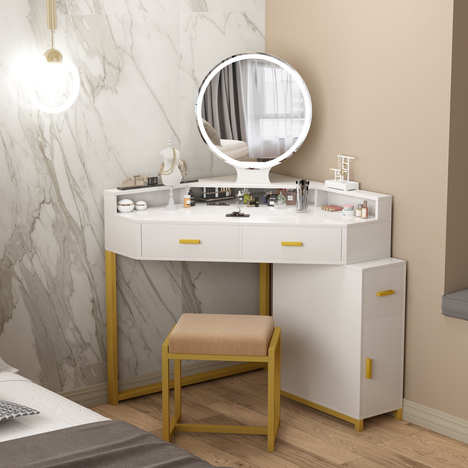 PAKASEPT Corner Vanity Set with Lighted Mirror Makeup Dressing Table with Drawers Cabinet and Cushioned Stool Girls Vanity Desk for Bathroom