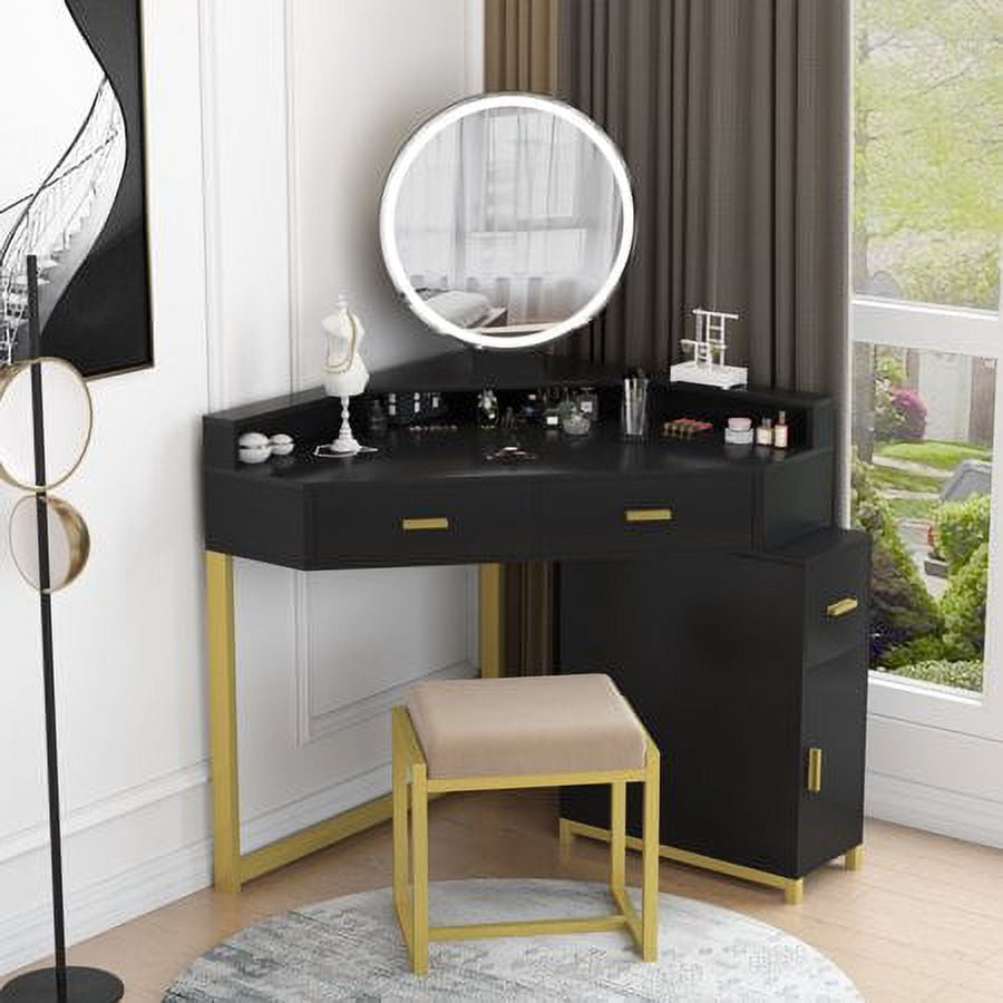 PAKASEPT Corner Vanity Set with Lighted Mirror, Makeup Dressing Table with Drawers, Cabinet and Cushioned Stool, Girls Vanity Desk for Bathroom, Bedroom - Walmart.com PAKASEPT Corner Vanity Set with Lighted Mirror, Makeup Dressing Table with Drawers, Cabinet and Cushioned Stool, Girls Vanity Desk for Bathroom, Bedroom - Walmart.com