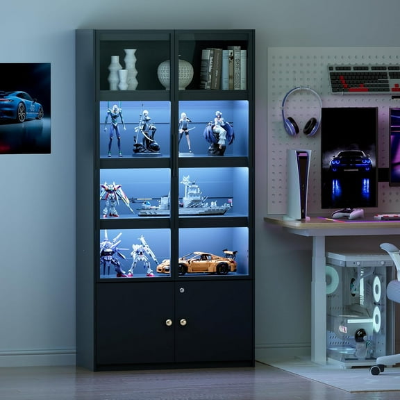 PAKASEPT Display Cabinet with 3 Color Light, 5 Tier Display Case with Glass Doors, 65" Curio Cabinets Display Shelf for Collectibles, Bookcase Bookshelf Display Case Cabinet for Bedroom, Living Room