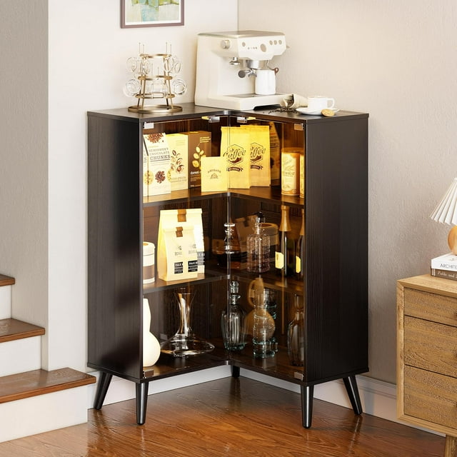 PAKASEPT Display Case with Tempered Glass Doors,3-Tier Corner Curio Cabinet with LED Lights for Collectibles,Display Cabinet with 6 Adjustable Shelves,Kids Bookcase for Bedroom, Living Room,Black