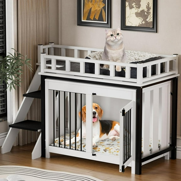 PAKASEPT Dog Crate Furniture, Wooden Cage Kennel Furniture Indoor with a Bunk Bed, Modern Dog Crate with Multi-Purpose Blanket and Fluffy Dog Bed for Small Medium Dogs, Rustic