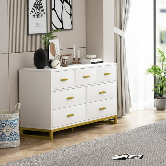 PAKASEPT Dresser for Bedroom with 7 Drawers, Storage Drawer Organizer, Wide Chest of Drawers for Closet, Clothes, Kids, Baby, TV Stand with Storage Drawers, Fabric Drawers, White