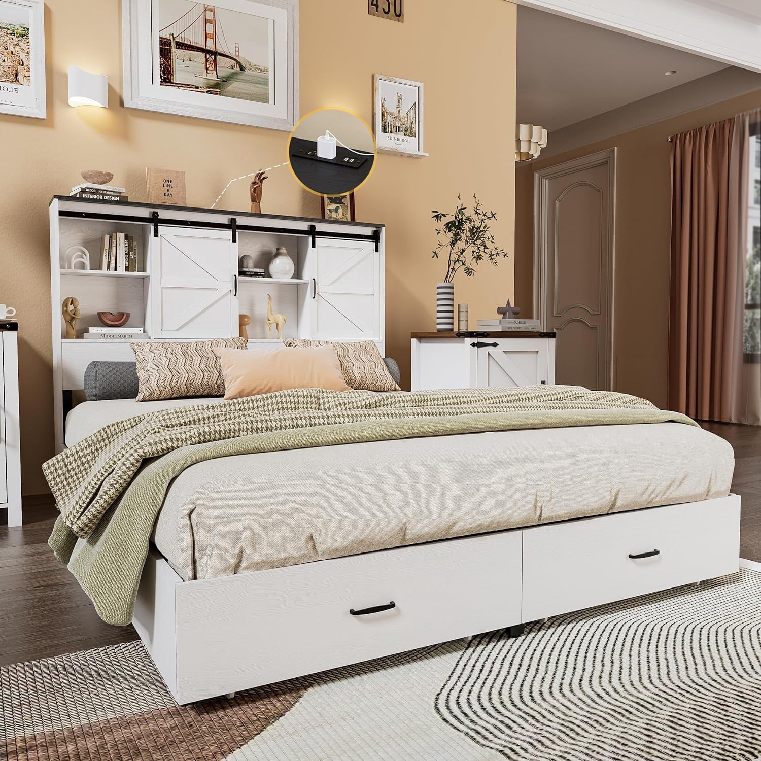 PAKASEPT Farmhouse Queen Size Bed Frame with Storage Bookcase Headboard ...