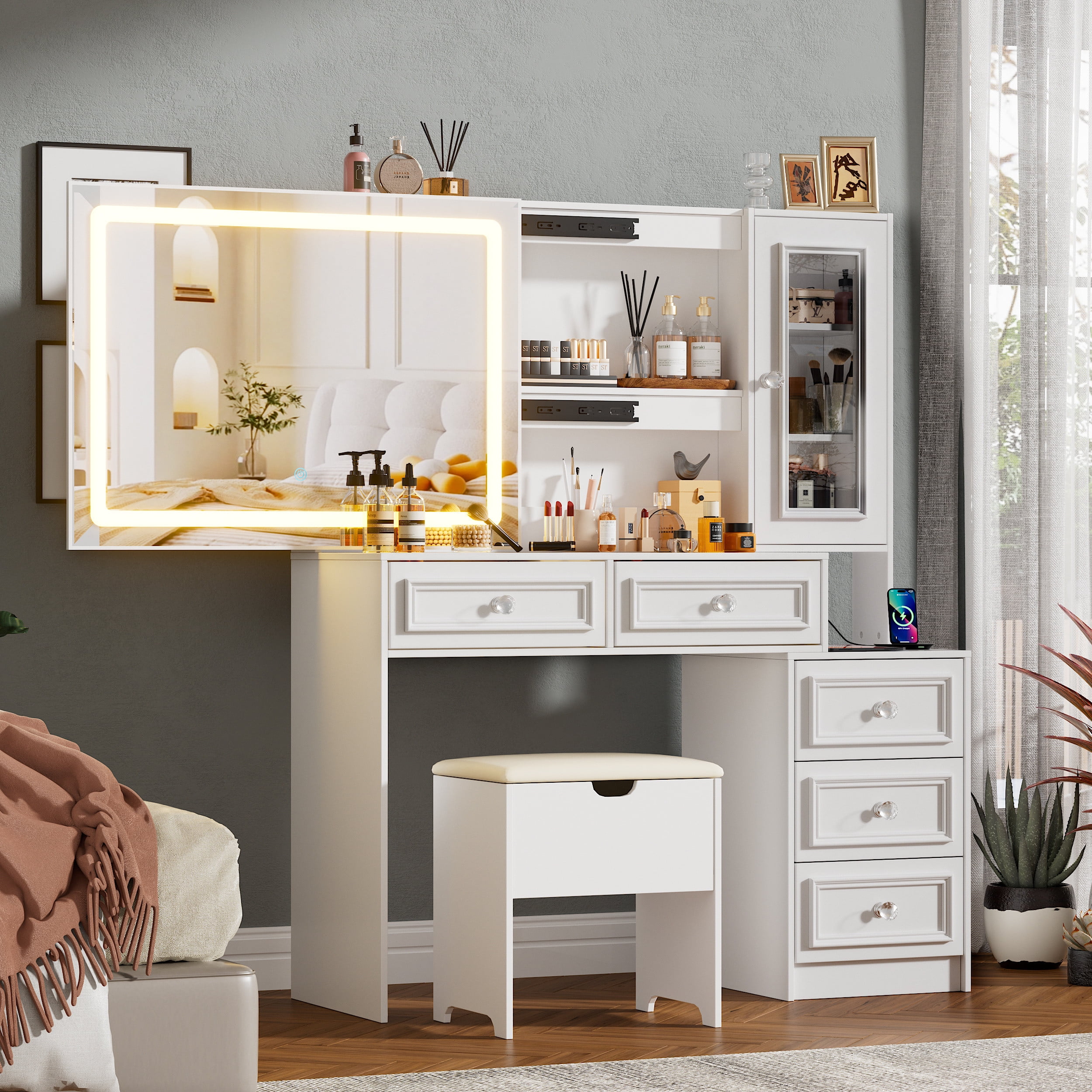 Esmlada Modern Vanity With Mirror And Lights, Makeup Table Set With Storage Bench Power Outlet For Bedroom Brown