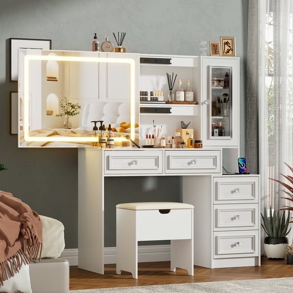 PAKASEPT Farmhouse White Makeup Vanity Desk with Mirror and Lights, Glass Tabletop Vanity Desk with Drawers, Charging Station, Cabinet, Makeup Vanity Table with Storage Bench for Bedroom