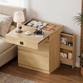 PAKASEPT Fingerprint Lock Nightstand with Side Storage, Smart LED Bedside Table with Lockable Hidden Compartment, 3 Drawer Wood End Table for Bedroom