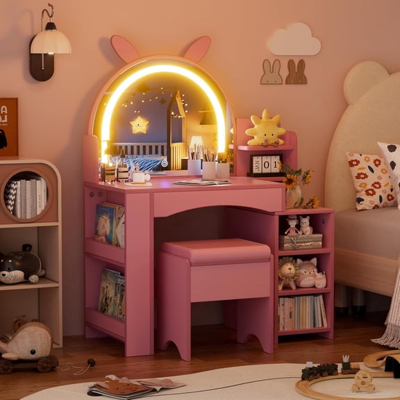 Pakasept Kids Vanity Vanity Table & Stool, Makeup Girl Vanity with Lights and Storage Shelves, Dressing Table with LED Mirror