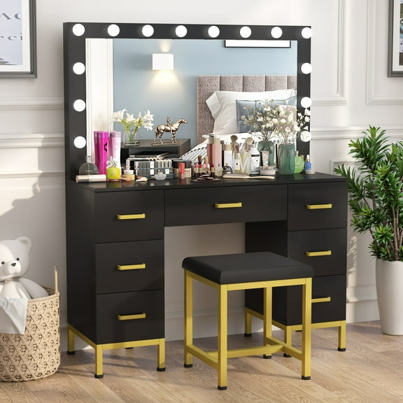 PAKASEPT Large 44" Vanity Set with Lighted Mirror, Makeup Vanity Dressing Table with 14PCS LED Bulbs, Cushioned Stool & 7 Drawers, Black Vanity for Bedroom, Powder Room