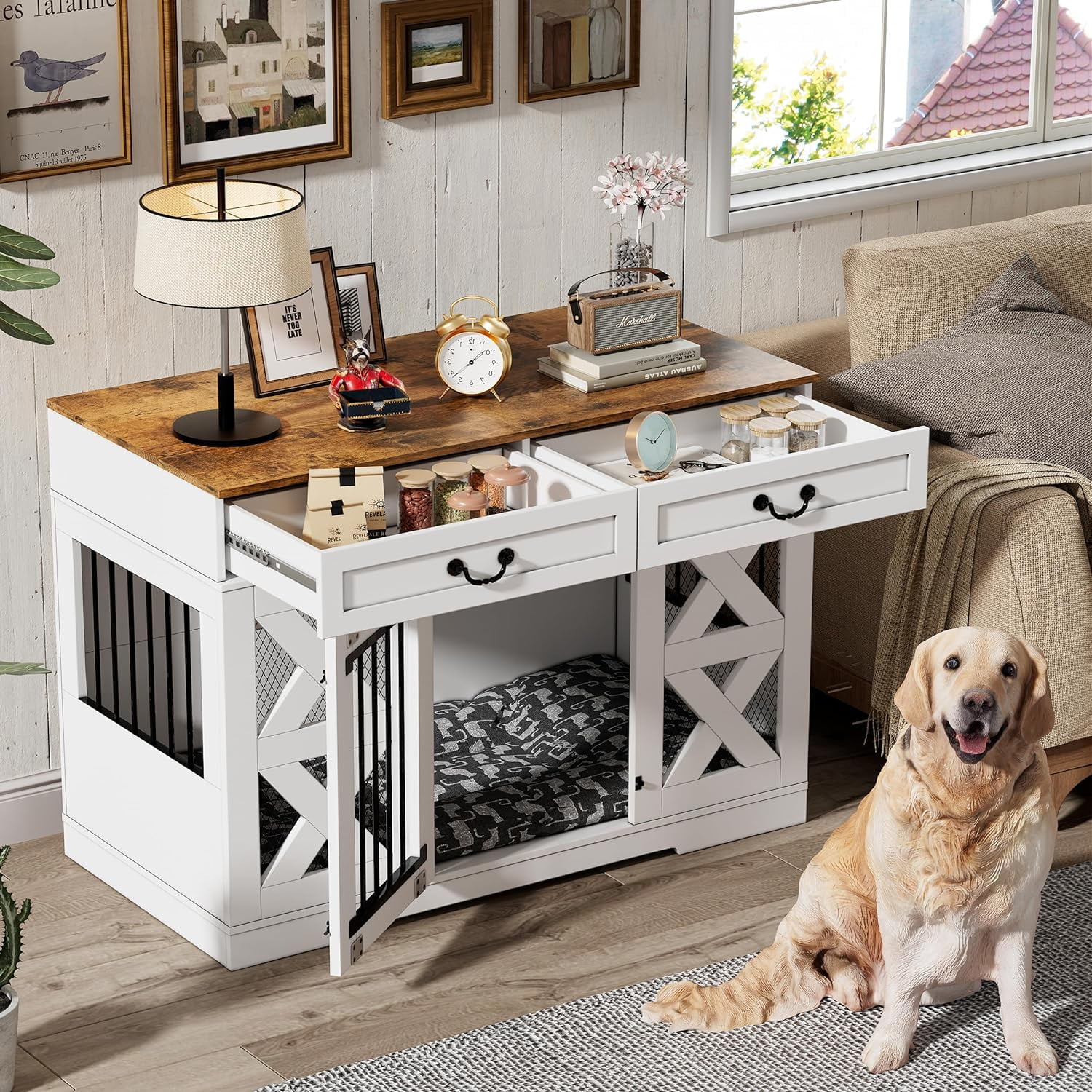 PAKASEPT 31.5" Dog Crate Furniture – Farmhouse Style End Table With USB Charger, For Small & Medium Dogs