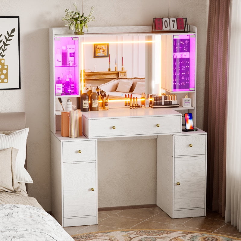 White MDF Vanity Desk with Mirror and RGB Lights