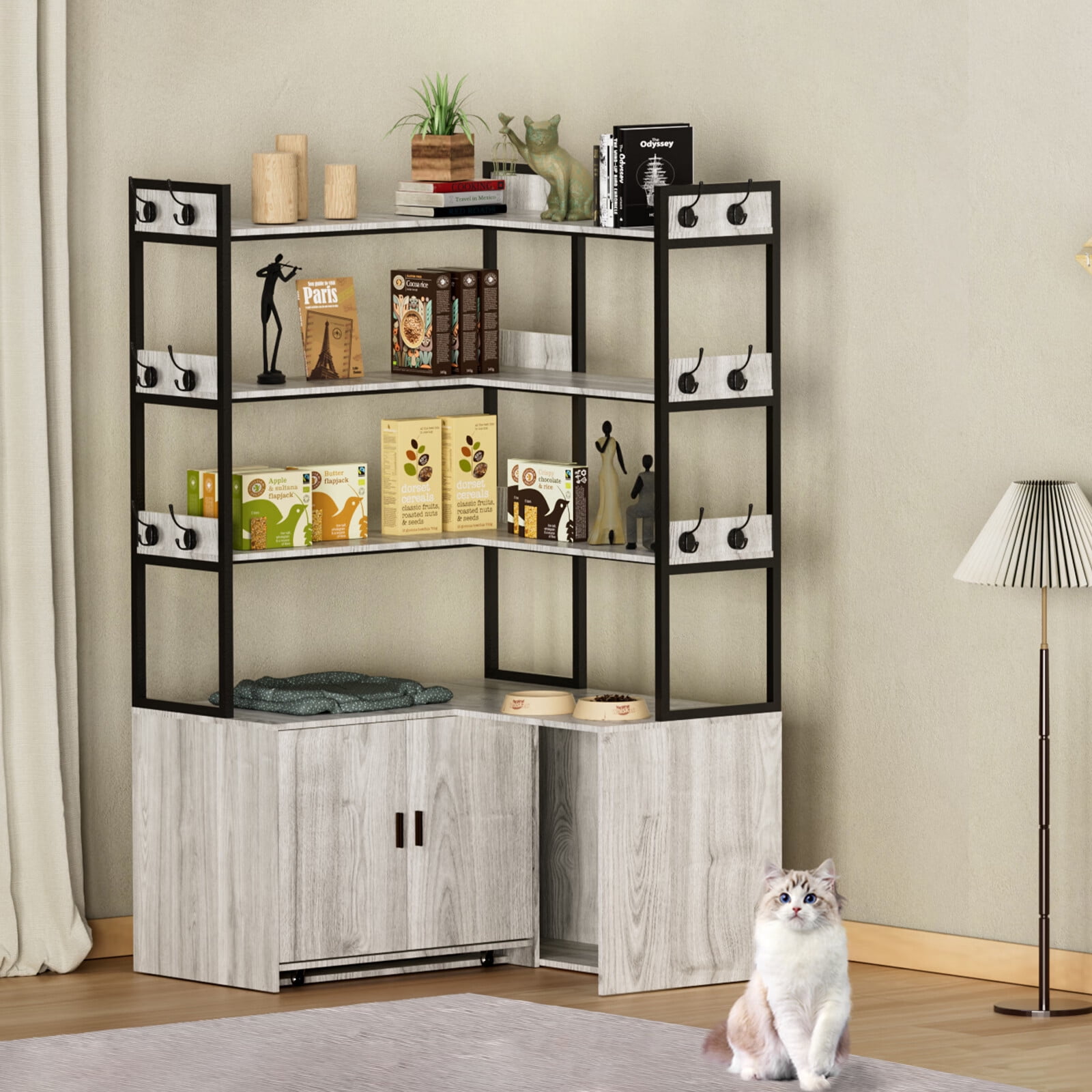 PAKASEPT Litter Box Enclosure with Shelves and Doors, Industrial Corner