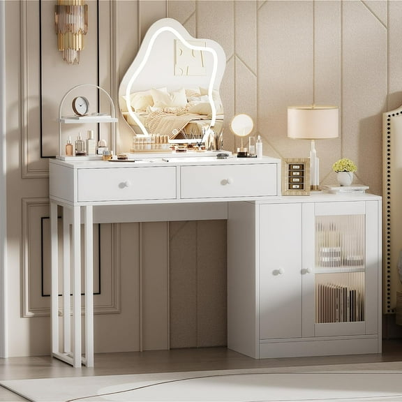 PAKASEPT Makeup Vanity with 3-Color Touch Screen Lighted Mirror, Makeup Table with Drawers and Storage Cabinet, Dressing Table for Women Girls