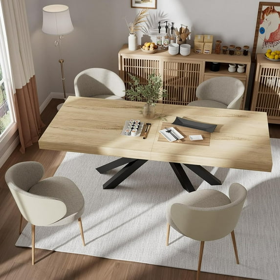 PAKASEPT Modern Dining Table for 6-8 Person, Extendable Dining Room Table Mid-Century Space-Saving Kitchen&Dining Room Sets with Hidden Storage for Home Kitchen Furniture
