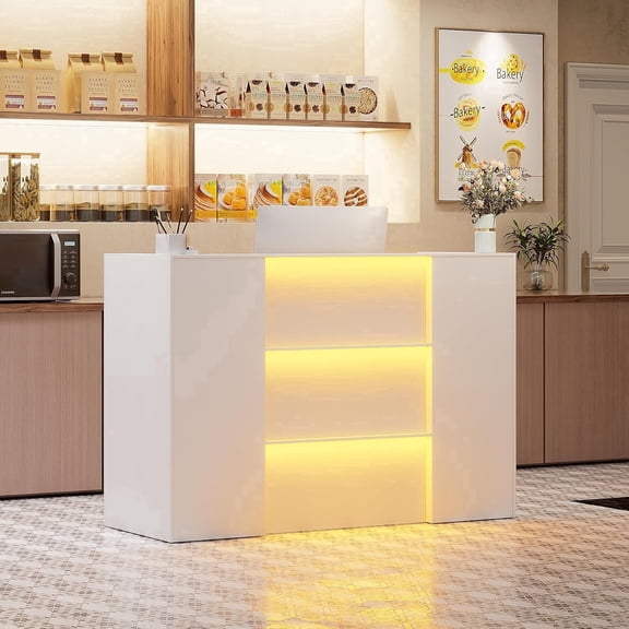PAKASEPT Modern Reception Desk with LED Lights, 63" Front Counter Table with Lockable Drawer & Shelves, Checkout Counter for Reception Room, Lobby, Beauty Salon