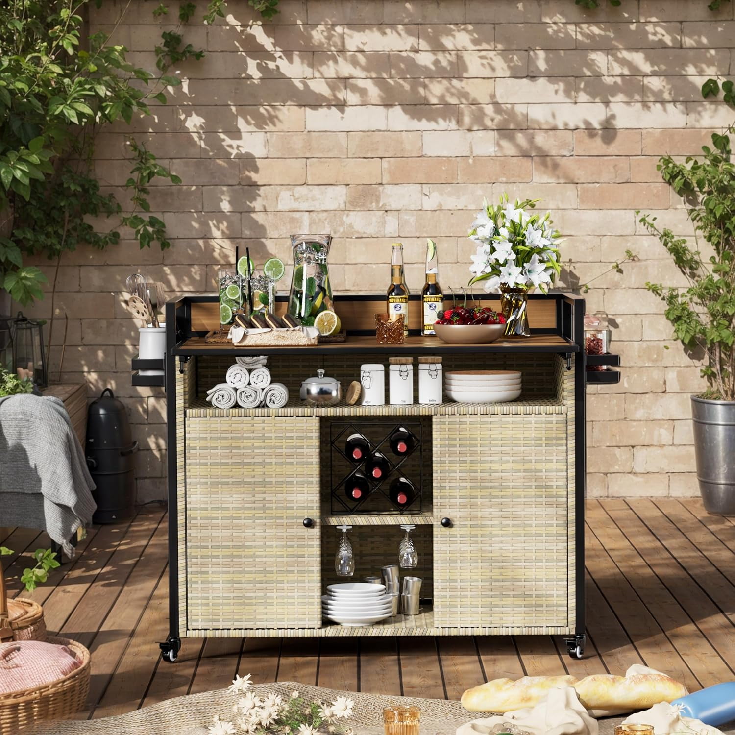 PAKASEPT Outdoor Kitchen Wicker Rolling Bar Cart with Storage Cabinet \u0026 Extended Plastic Wood Table Top, Kitchen Island on Wheels for Patio Backyard Garden Poolside, Double Handle Design