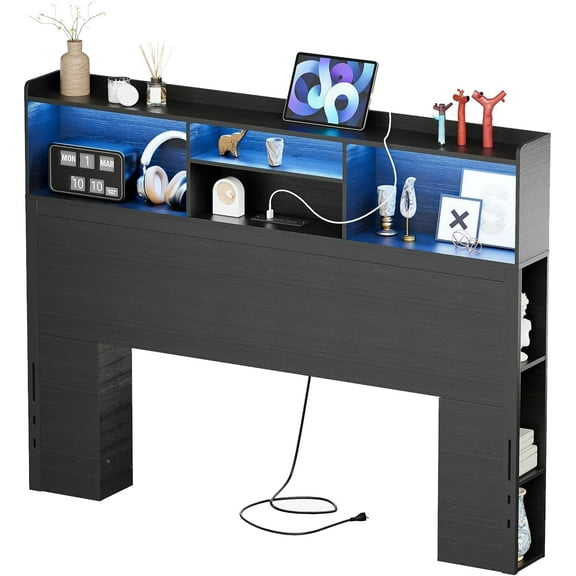 PAKASEPT Queen/Full Headboard Only for Bedroom, Stylish Bookcase Headboard with Charging Station & LED Lights, Headboards with Storage, 4-Tier Bookcase Headboard and Side Storage, Black