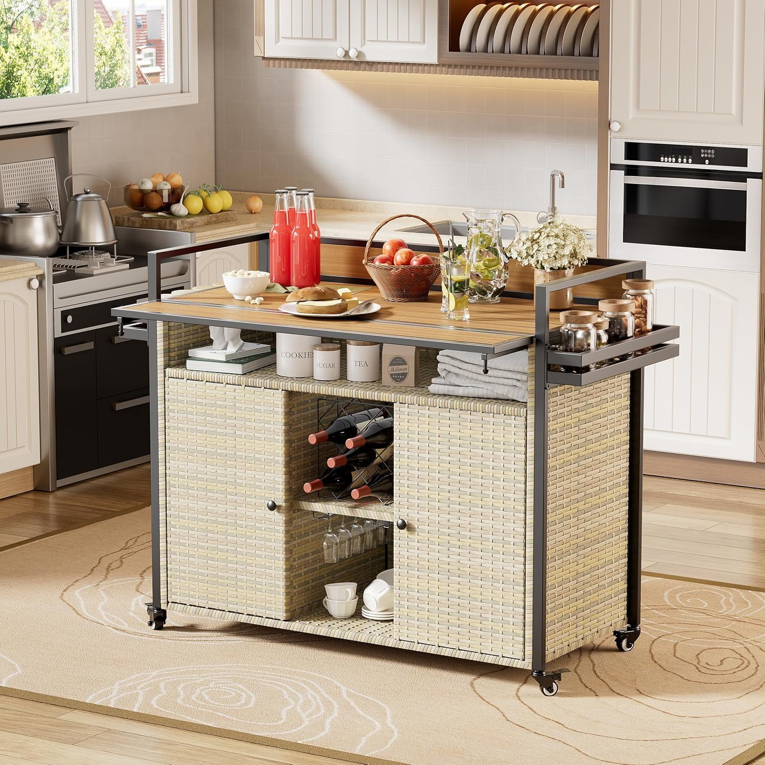 Rolling Kitchen Island With Drop Leaf & Power Outlet - Mobile Cart With Drawers